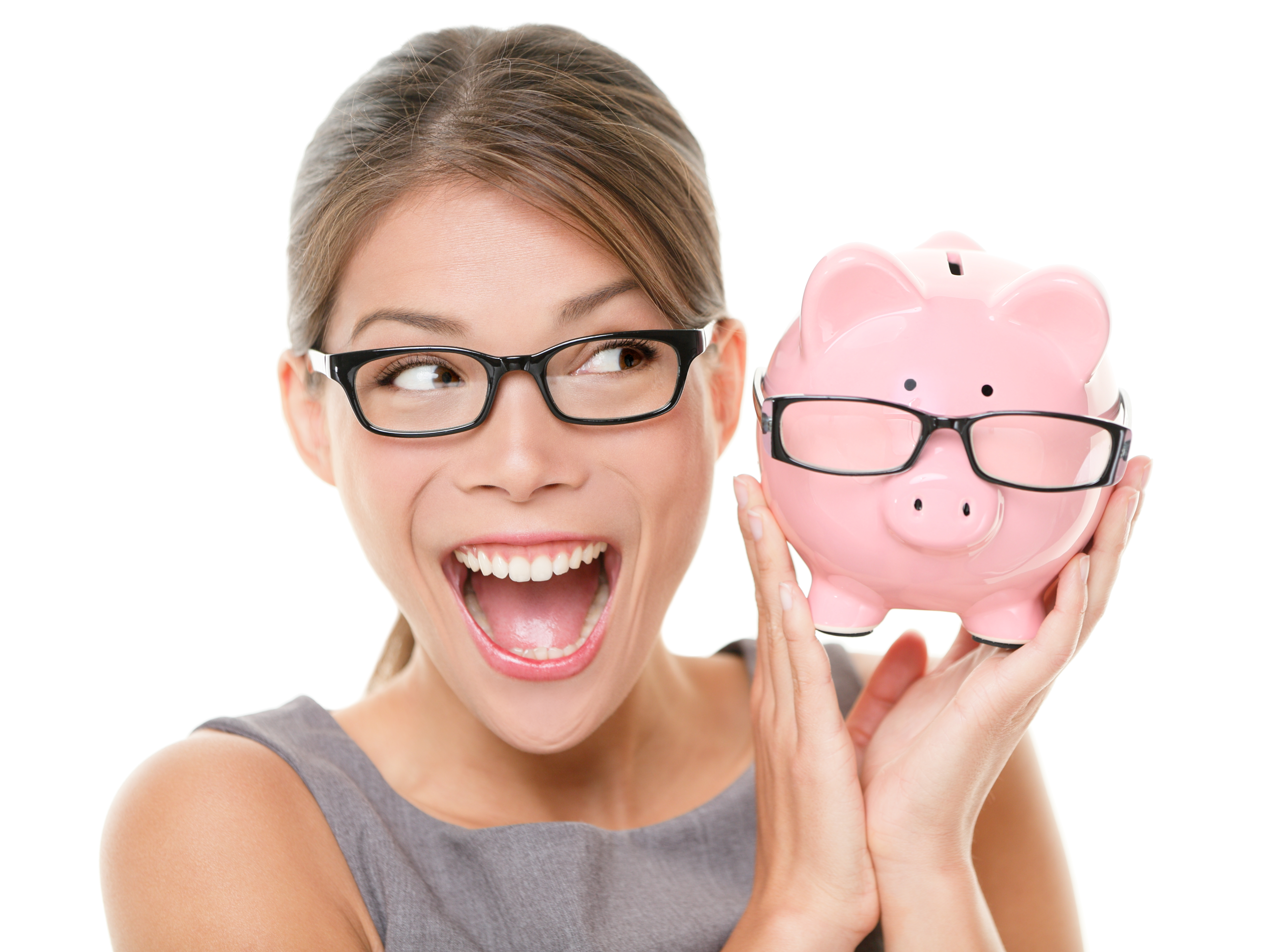 Happy woman with nerdy piggy bank