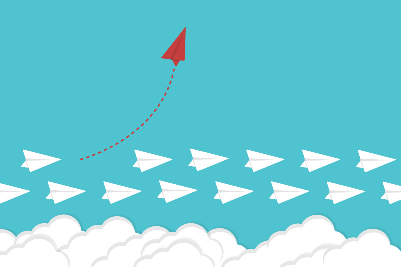 illustration of red paper airplane leaving a group of white paper airplanes going in a different direction